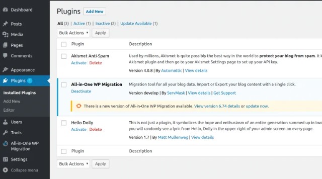 Tela WordPress com o Plugin All In One WP Migration