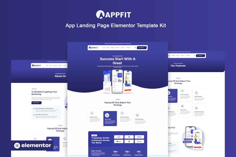Appfit - Kit de modelos Elementor Pro para página inicial do aplicativo