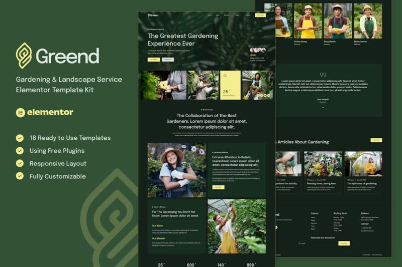 Greend - Kit de modelos Elementor para serviços de jardinagem e paisagismo